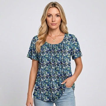 Camiseta de mujer de manga corta con pliegues detalle ajustado relajado cuello redondo