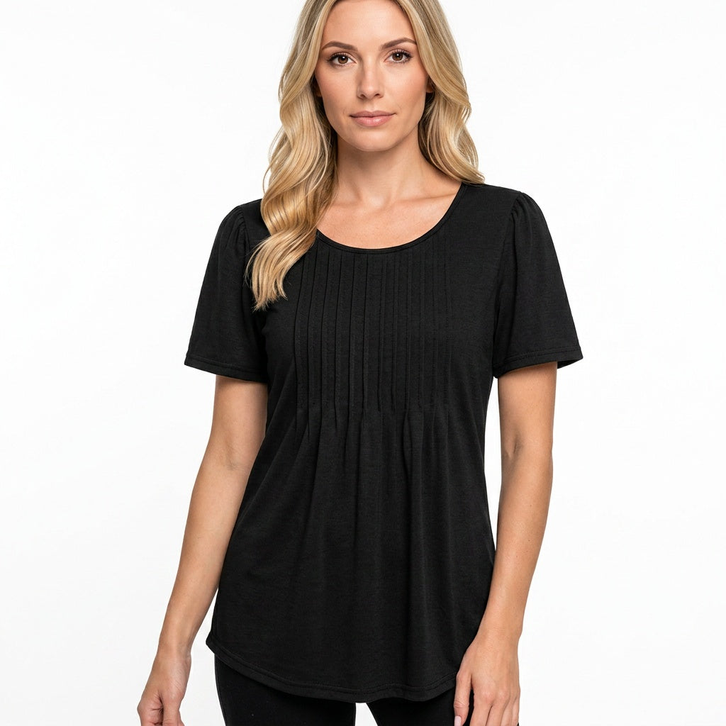 Camiseta de mujer de manga corta con pliegues detalle ajustado relajado cuello redondo
