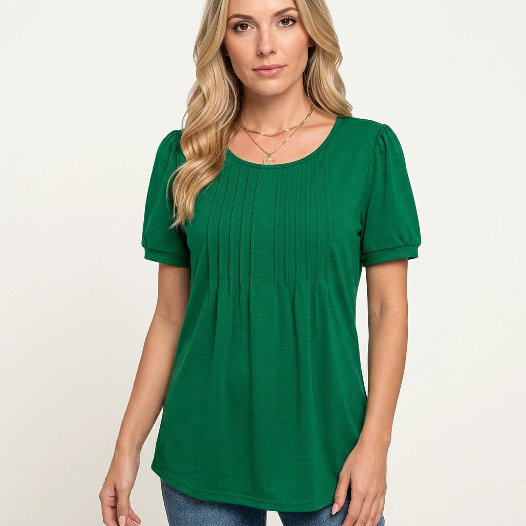 Camiseta de mujer de manga corta con pliegues detalle ajustado relajado cuello redondo