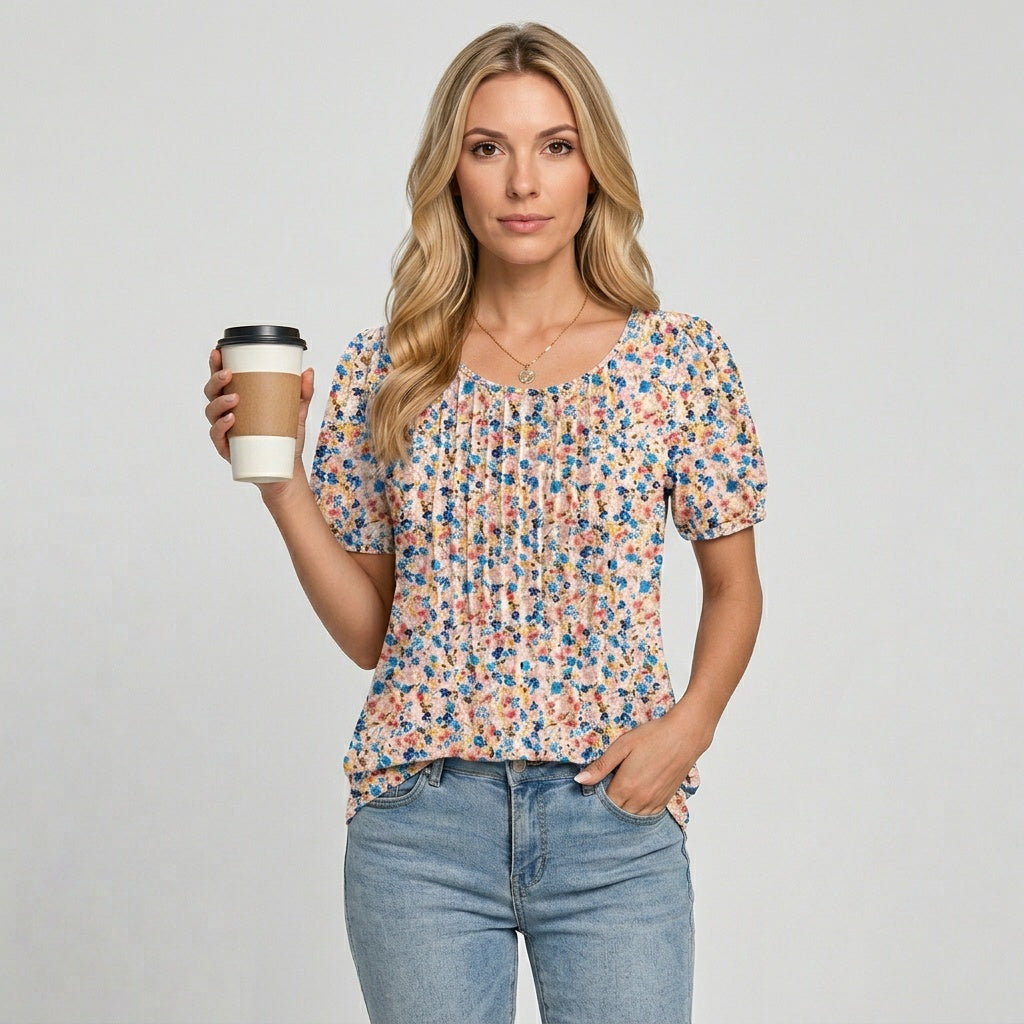 Camiseta de mujer de manga corta con pliegues detalle ajustado relajado cuello redondo