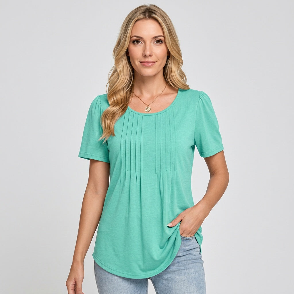 Camiseta de mujer de manga corta con pliegues detalle ajustado relajado cuello redondo