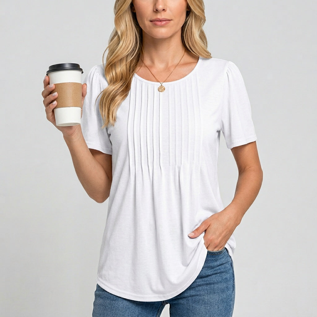 Camiseta de mujer de manga corta con pliegues detalle ajustado relajado cuello redondo