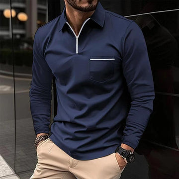 Camiseta polo de manga larga para hombre con cuello tipo polo y placket con cremallón en el pecho