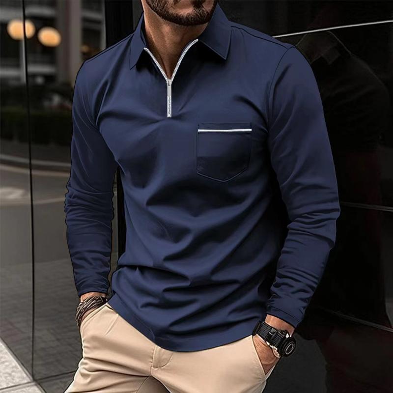 Camiseta polo de manga larga para hombre con cuello tipo polo y placket con cremallón en el pecho