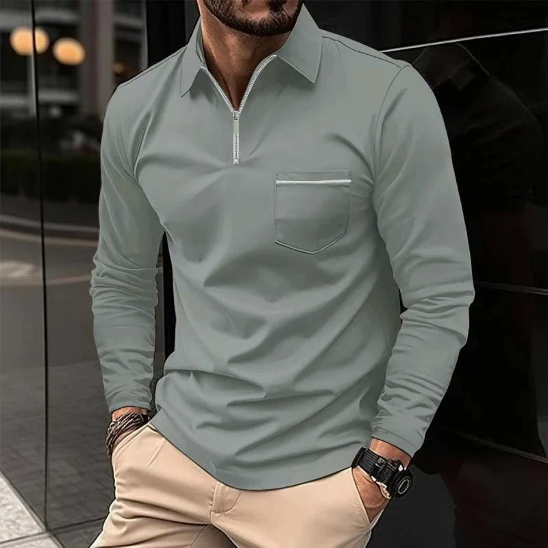 Camiseta polo de manga larga para hombre con cuello tipo polo y placket con cremallón en el pecho