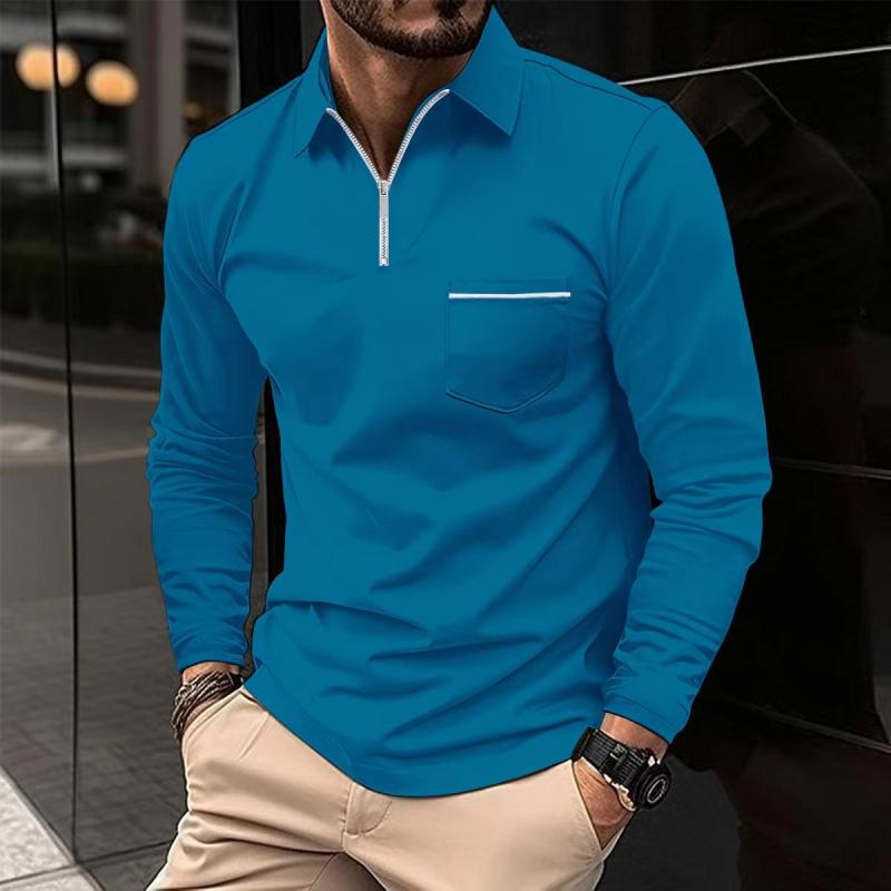 Camiseta polo de manga larga para hombre con cuello tipo polo y placket con cremallón en el pecho