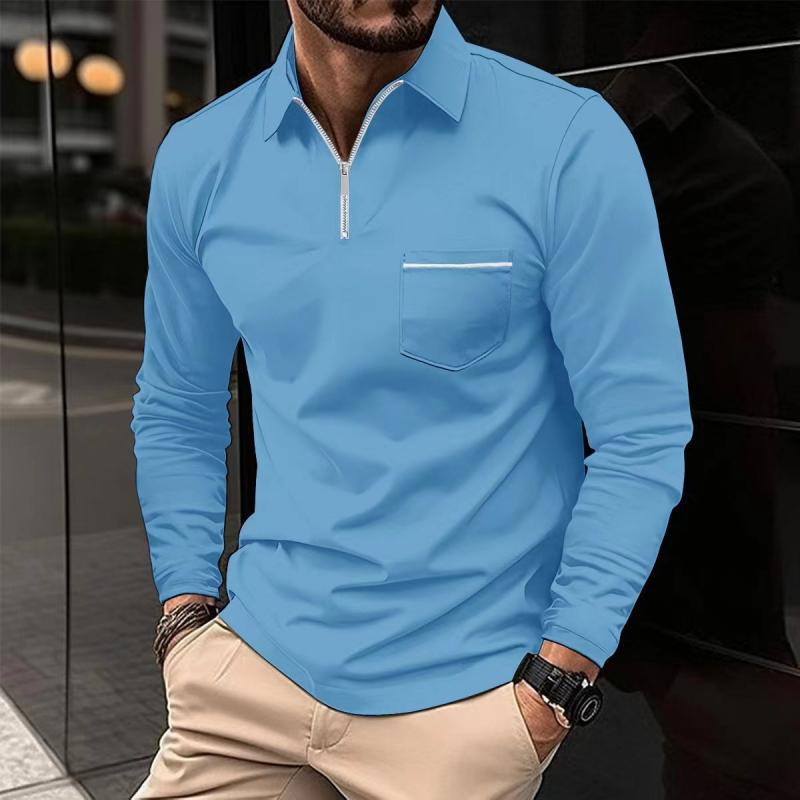 Camiseta polo de manga larga para hombre con cuello tipo polo y placket con cremallón en el pecho