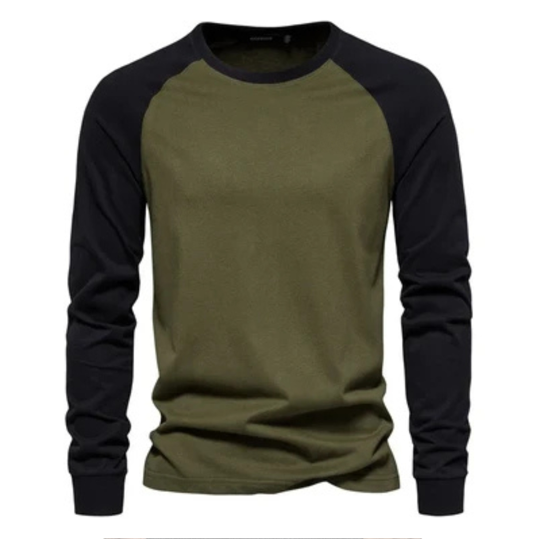 Camiseta raglán de manga larga para hombre con mangas en contraste, cuello redondo, ajuste entallado, logotipo en el pecho