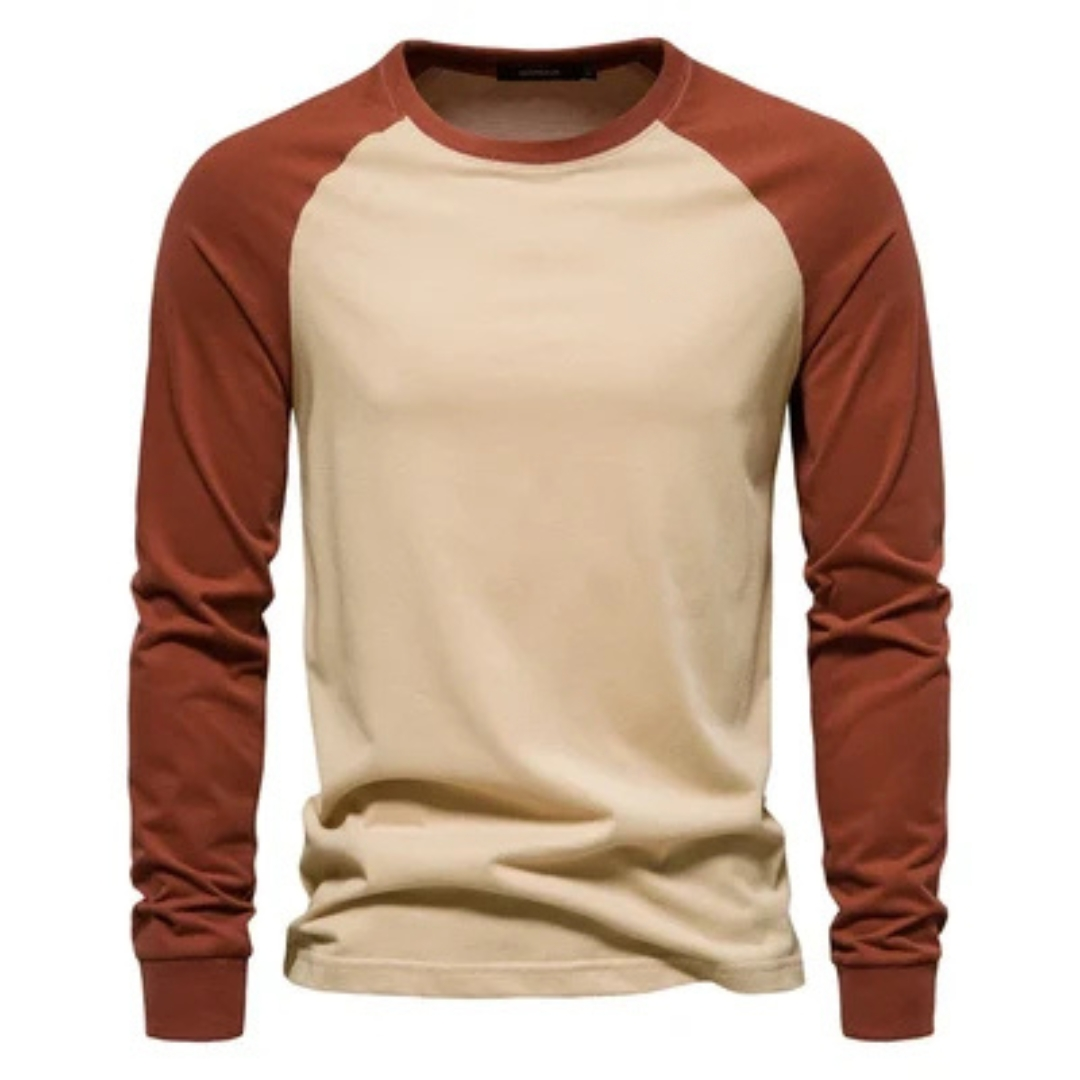 Camiseta raglán de manga larga para hombre con mangas en contraste, cuello redondo, ajuste entallado, logotipo en el pecho