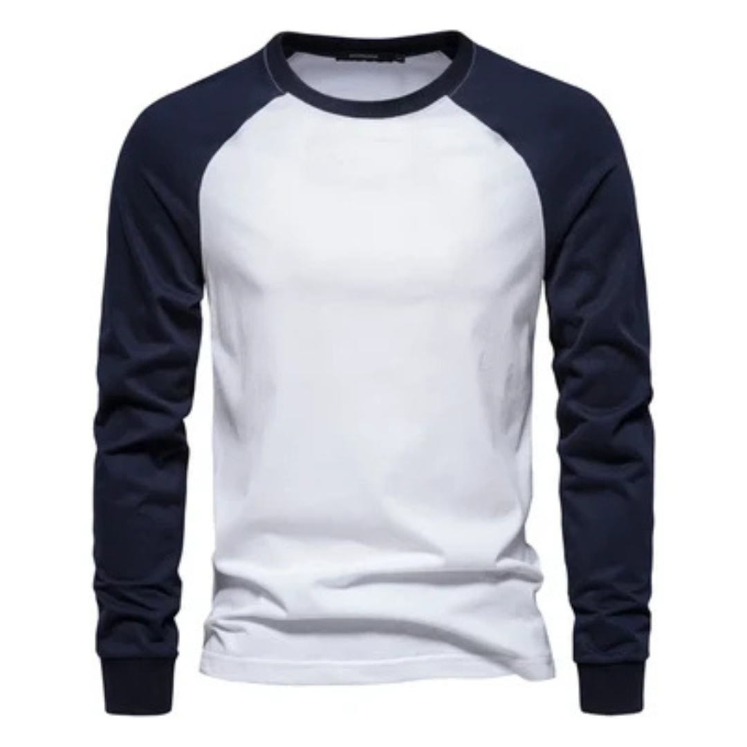 Camiseta raglán de manga larga para hombre con mangas en contraste, cuello redondo, ajuste entallado, logotipo en el pecho