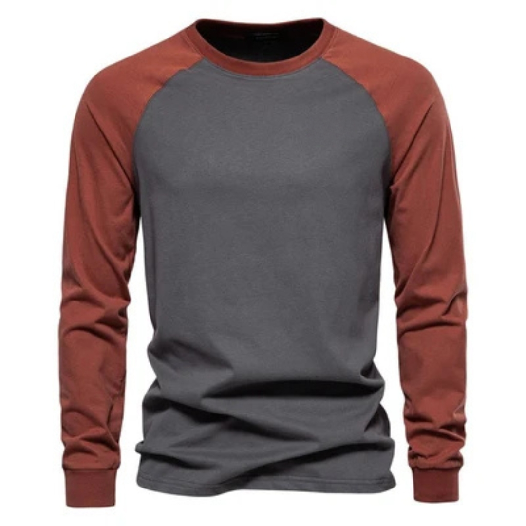 Camiseta raglán de manga larga para hombre con mangas en contraste, cuello redondo, ajuste entallado, logotipo en el pecho