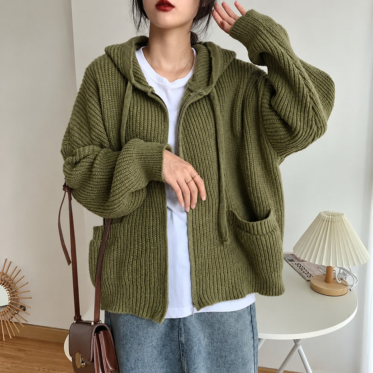 Cardigan con capucha para mujer de corte oversize, cierre de cremallera y bolsillos