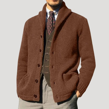 Cardigan de hombre con cuello shawl, cierre de botones y parches en los codos