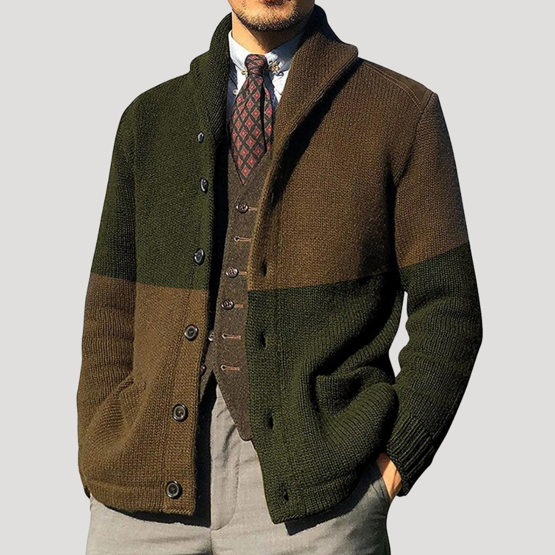 Cardigan de hombre con cuello shawl, cierre de botones y parches en los codos