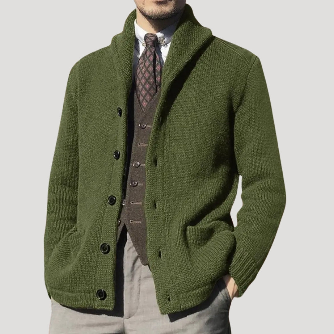 Cardigan de hombre con cuello shawl, cierre de botones y parches en los codos