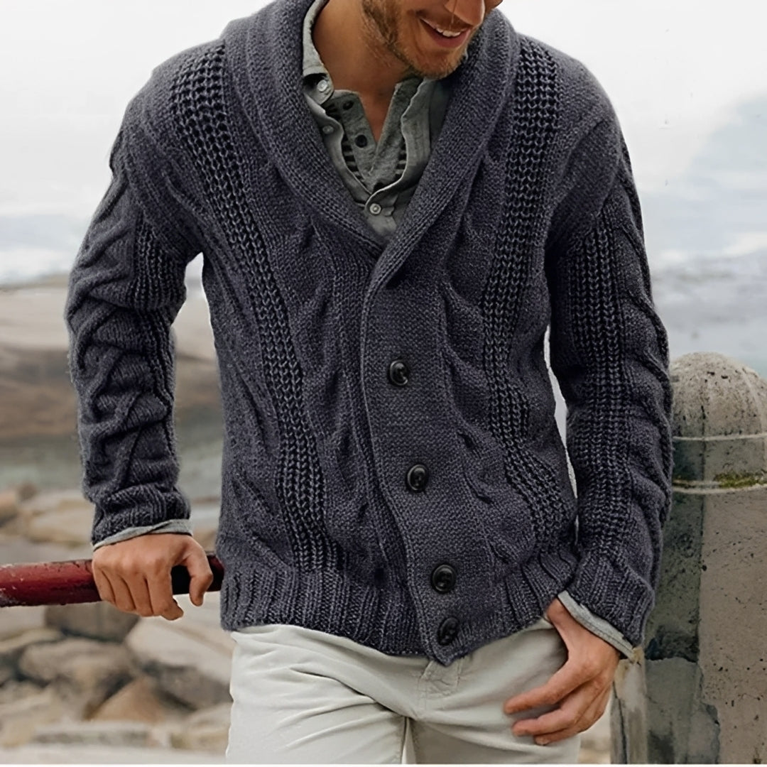 Cardigan de hombre con cuello shawl, cierre de botones, diseño texturizado y corte relajado