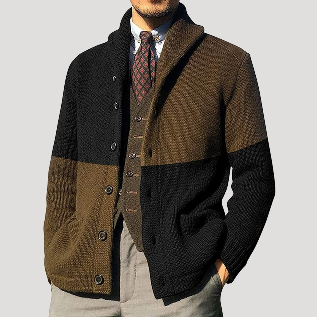 Cardigan de hombre con cuello shawl, cierre de botones y parches en los codos