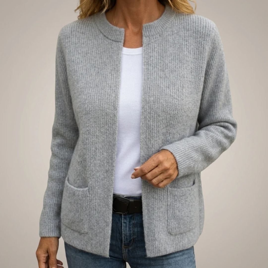 Cardigan de mujer abierto con bolsillos tipo parche y manga larga - largo hasta la cadera