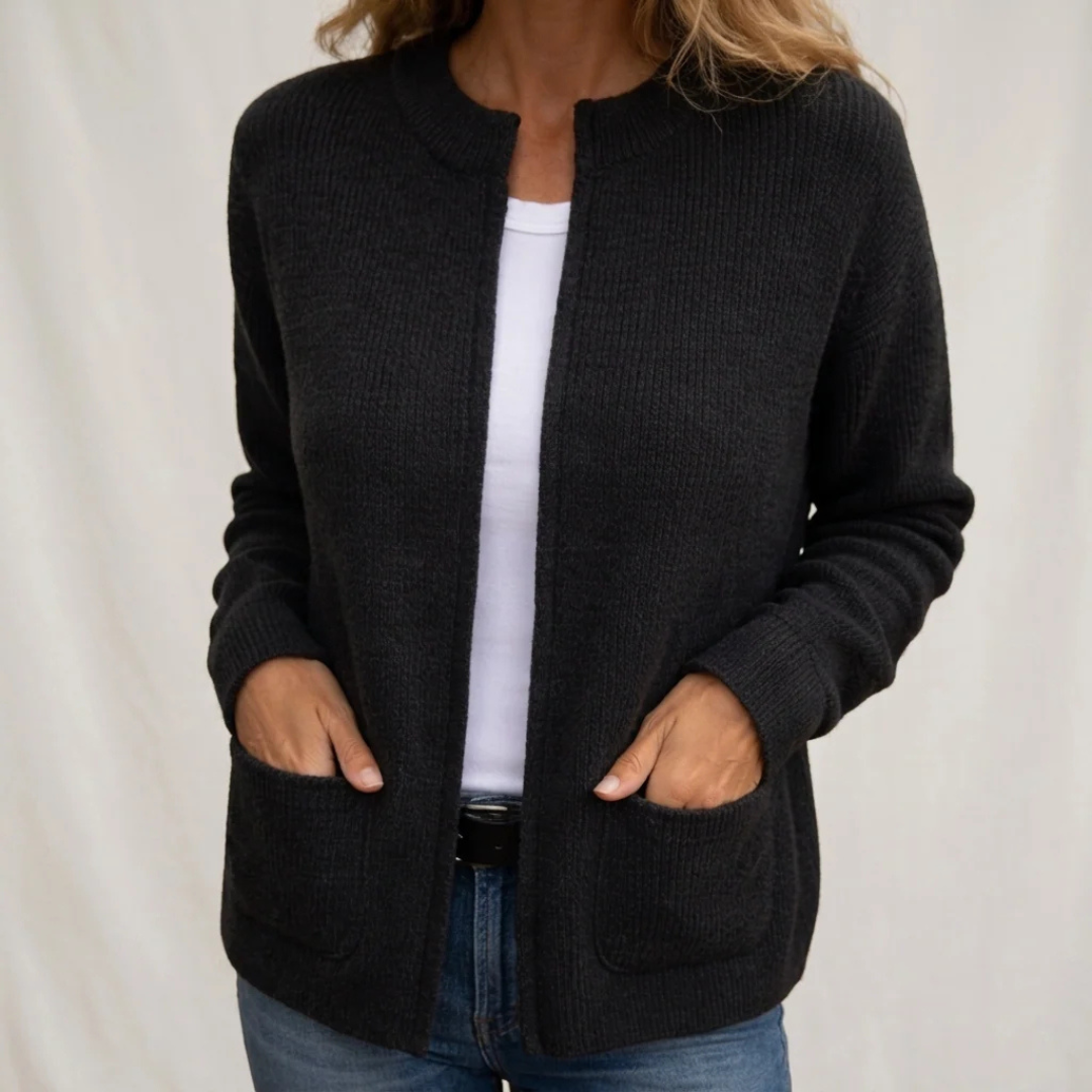 Cardigan de mujer abierto con bolsillos tipo parche y manga larga - largo hasta la cadera