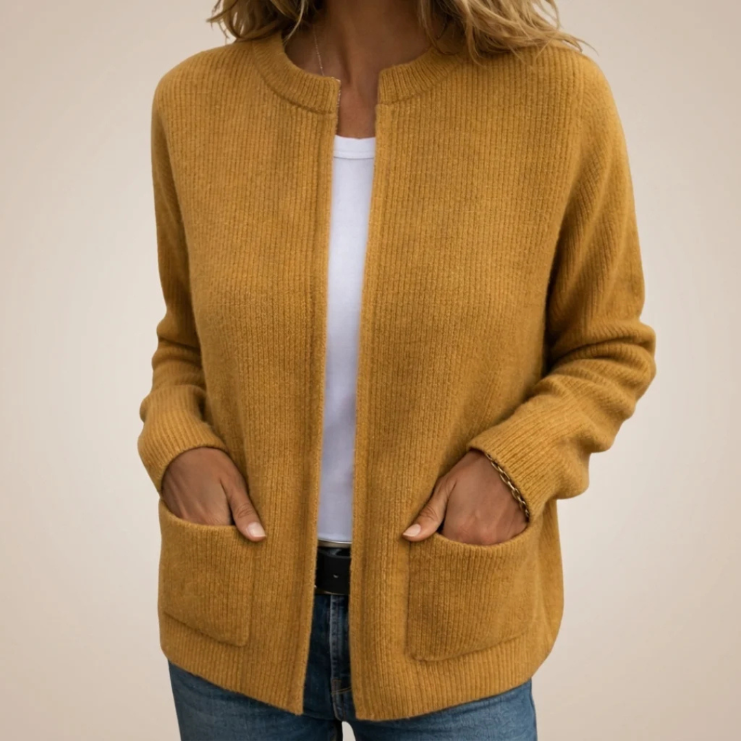Cardigan de mujer abierto con bolsillos tipo parche y manga larga - largo hasta la cadera