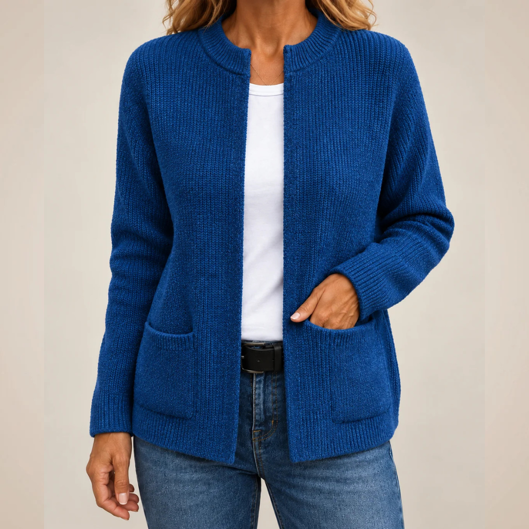 Cardigan de mujer abierto con bolsillos tipo parche y manga larga - largo hasta la cadera