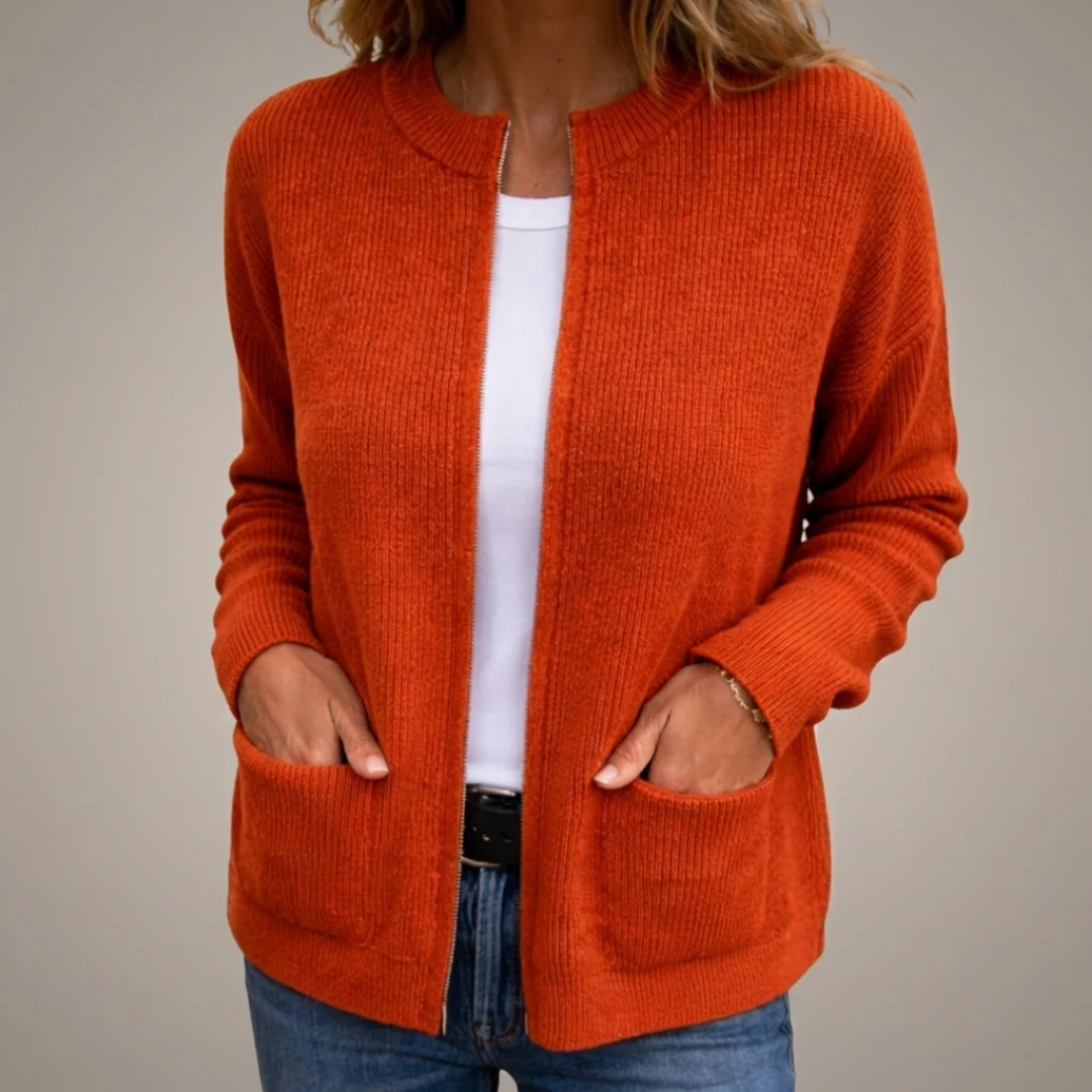 Cardigan de mujer abierto con bolsillos tipo parche y manga larga - largo hasta la cadera