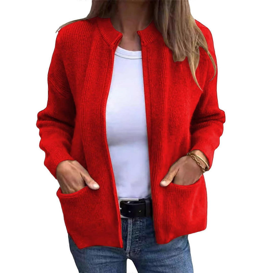 Cardigan de mujer abierto con bolsillos tipo parche y manga larga - largo hasta la cadera