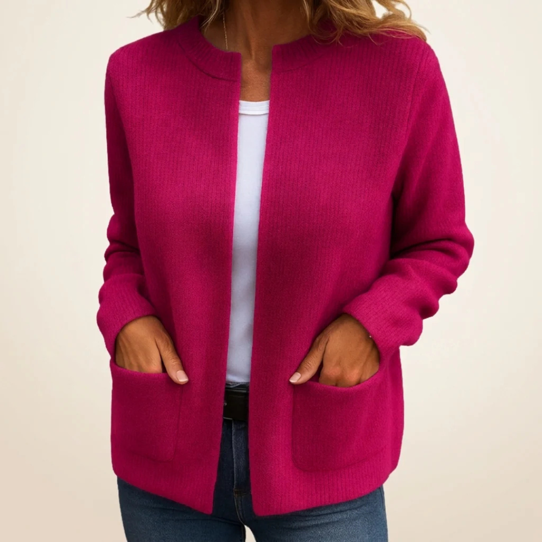 Cardigan de mujer abierto con bolsillos tipo parche y manga larga - largo hasta la cadera