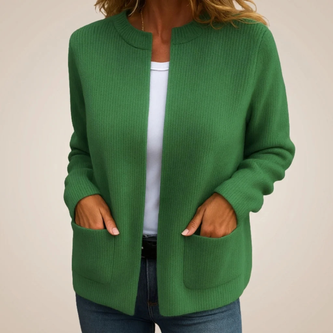 Cardigan de mujer abierto con bolsillos tipo parche y manga larga - largo hasta la cadera