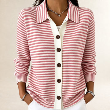 Cardigan de mujer con cuello y botones - diseño a rayas finas y cuello puntiagudo, apertura frontal con plastrón contrastante