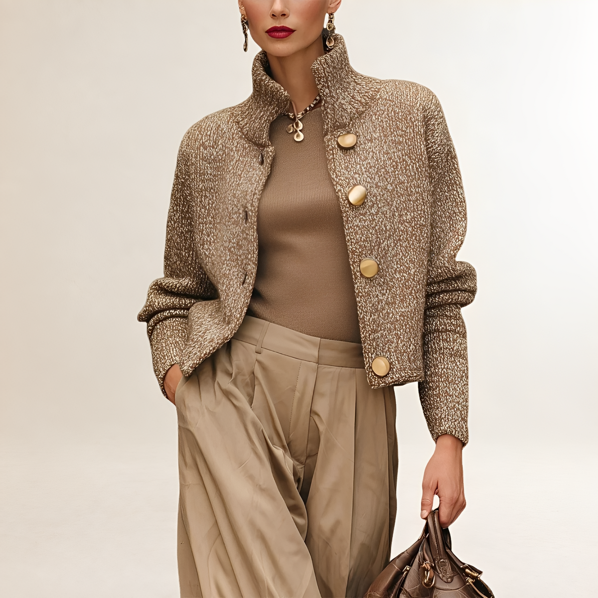 Cardigan elegante para mujer con cuello alto y cierre de botones de ajuste relajado