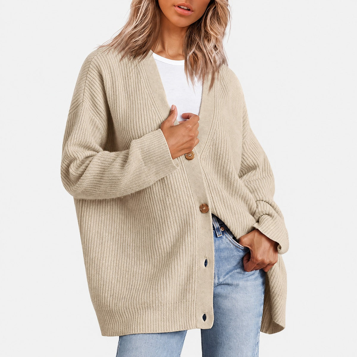 Cardigan mujer con escote en V y cierre de botones de corte oversize
