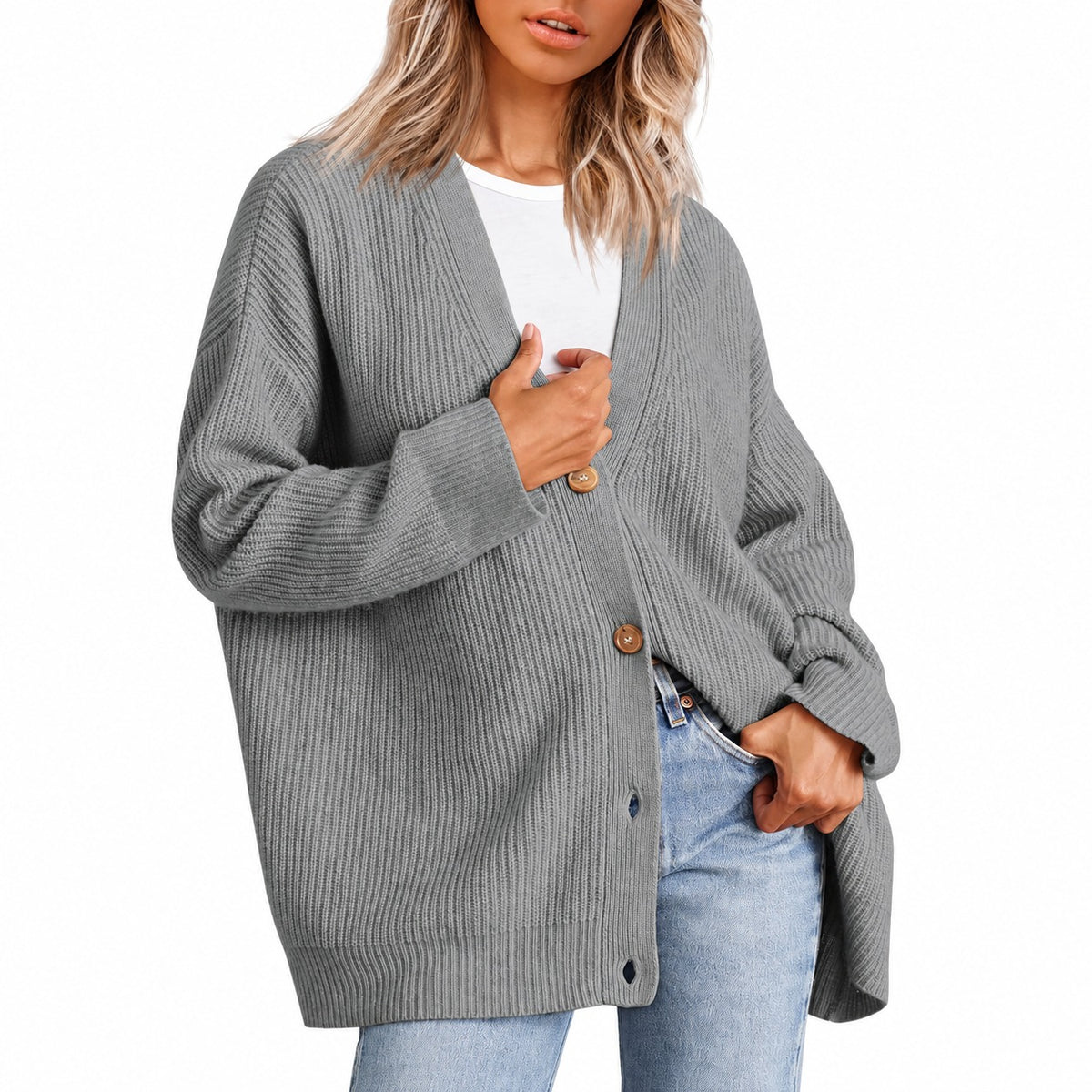 Cardigan mujer con escote en V y cierre de botones de corte oversize
