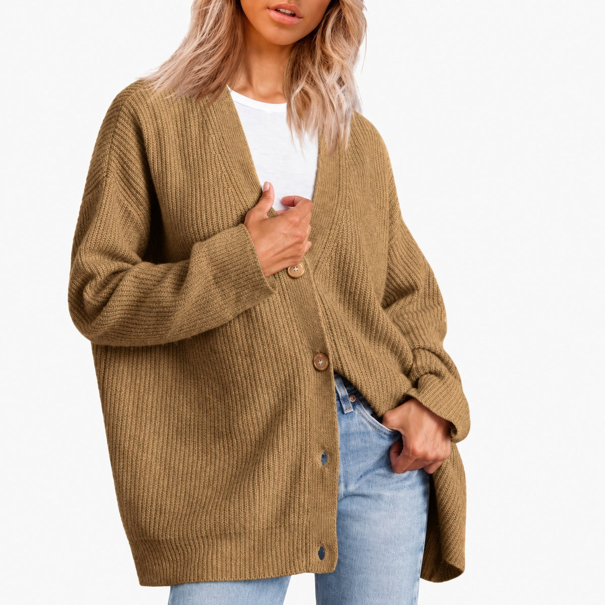 Cardigan mujer con escote en V y cierre de botones de corte oversize