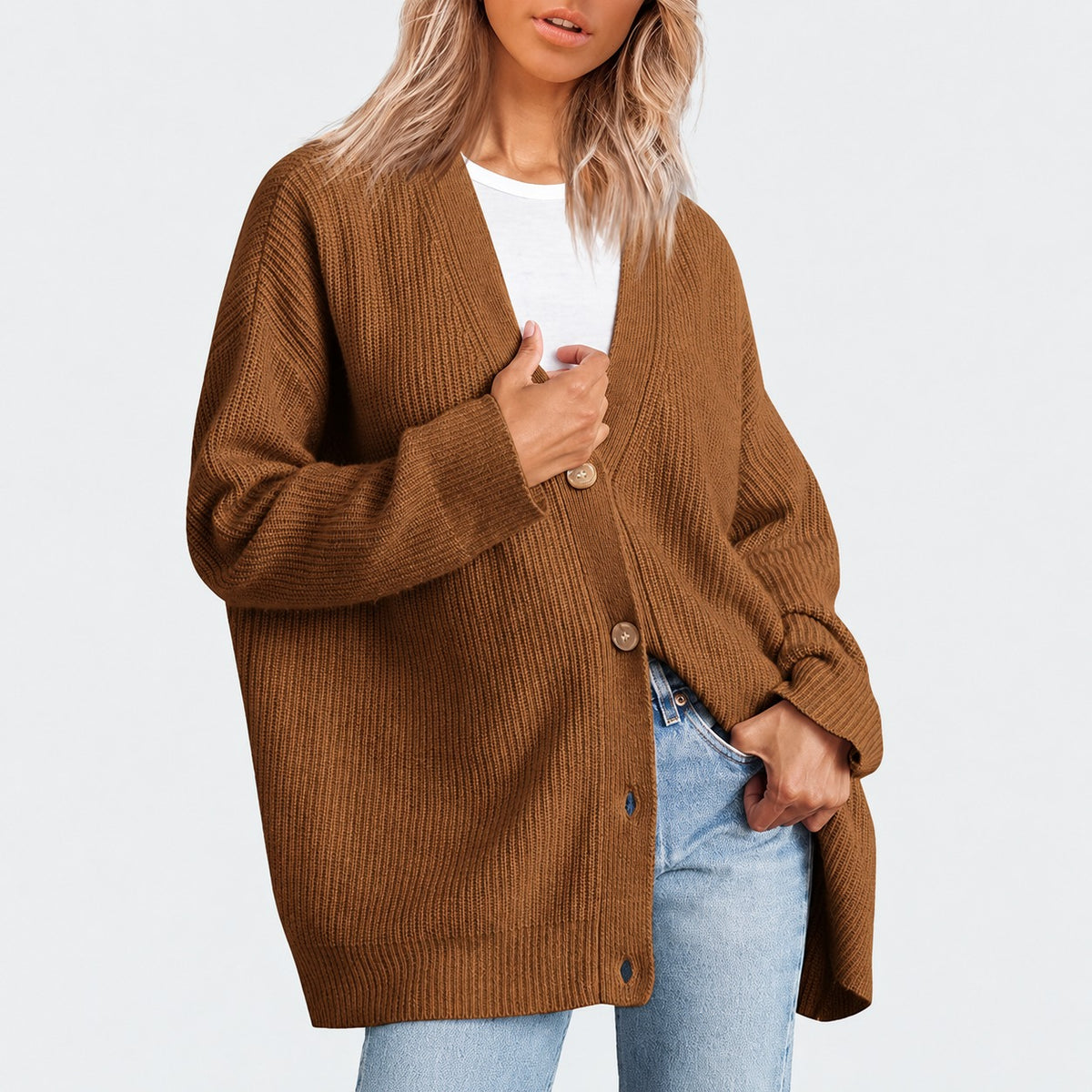 Cardigan mujer con escote en V y cierre de botones de corte oversize