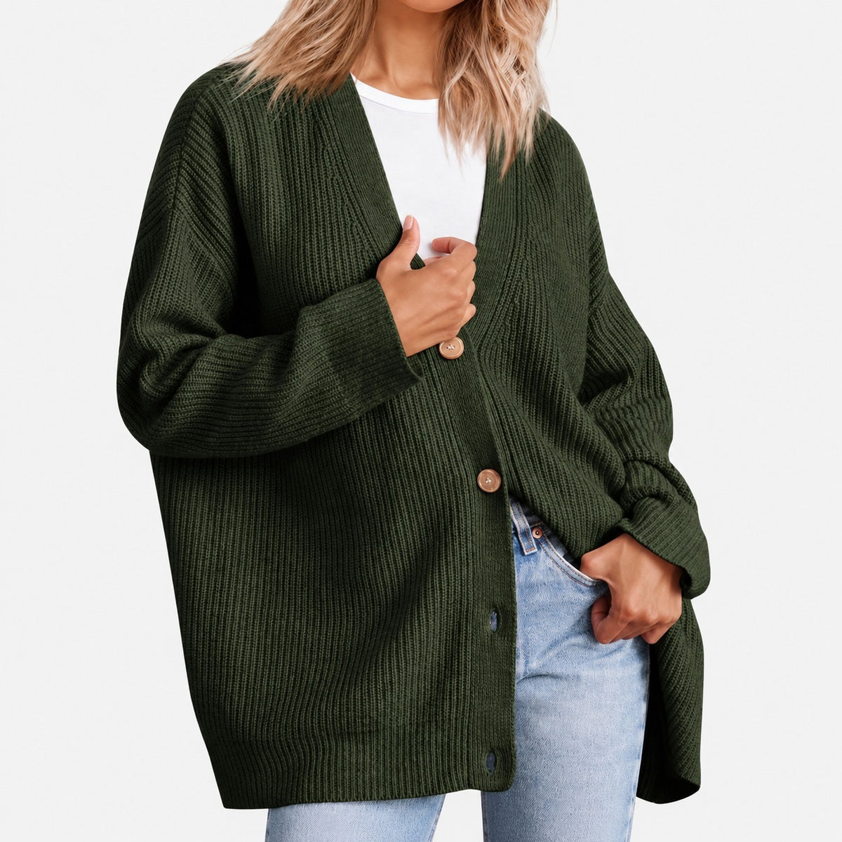 Cardigan mujer con escote en V y cierre de botones de corte oversize