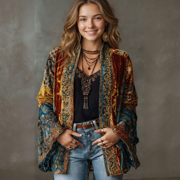 Cardigan mujer kimono abotonado con bordados bohemios y mangas amplias