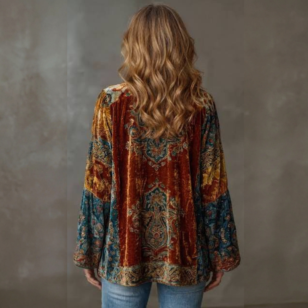 Cardigan mujer kimono abotonado con bordados bohemios y mangas amplias