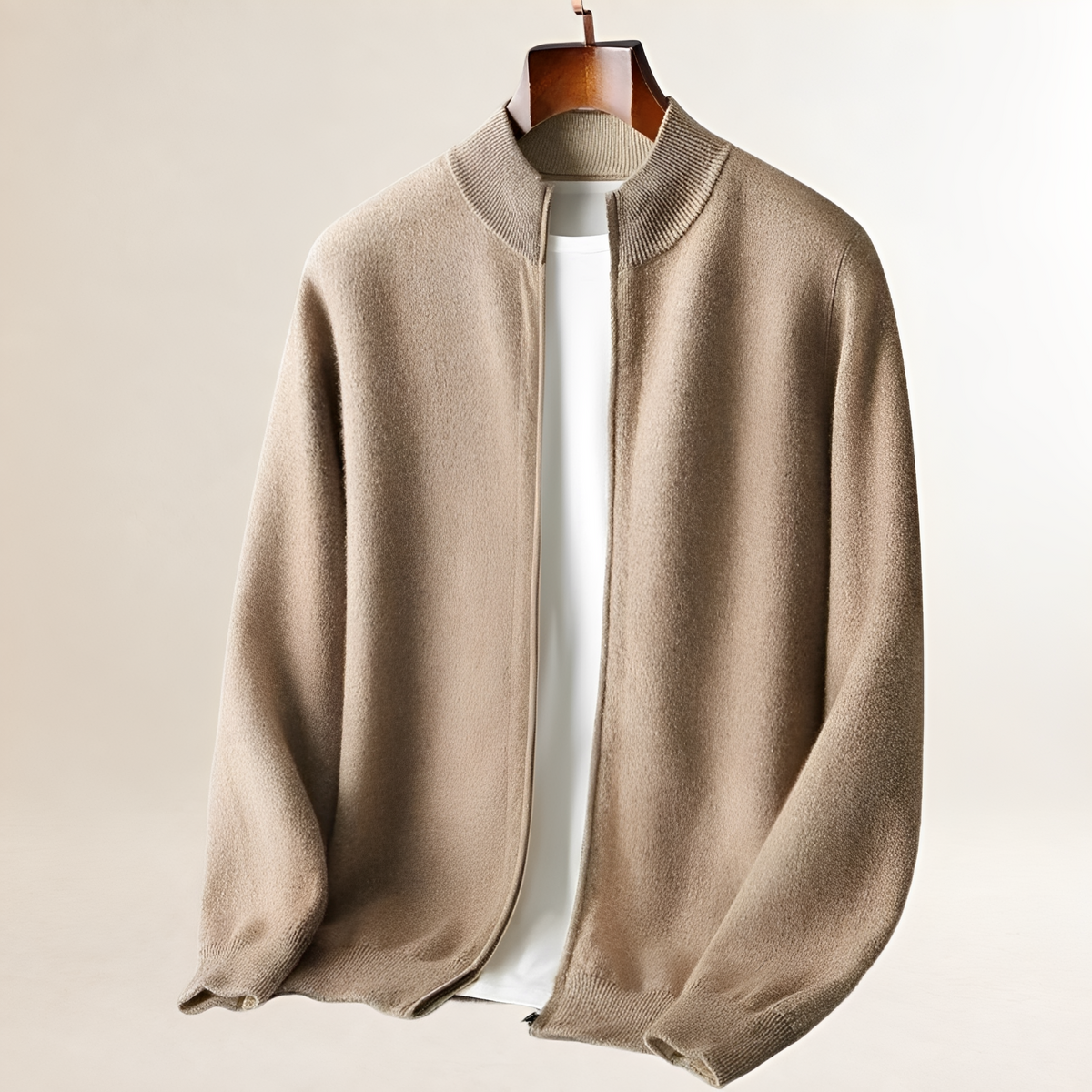 Cardigan para hombre con cremallera frontal completa y cuello alto, manga larga y puños/acanalados