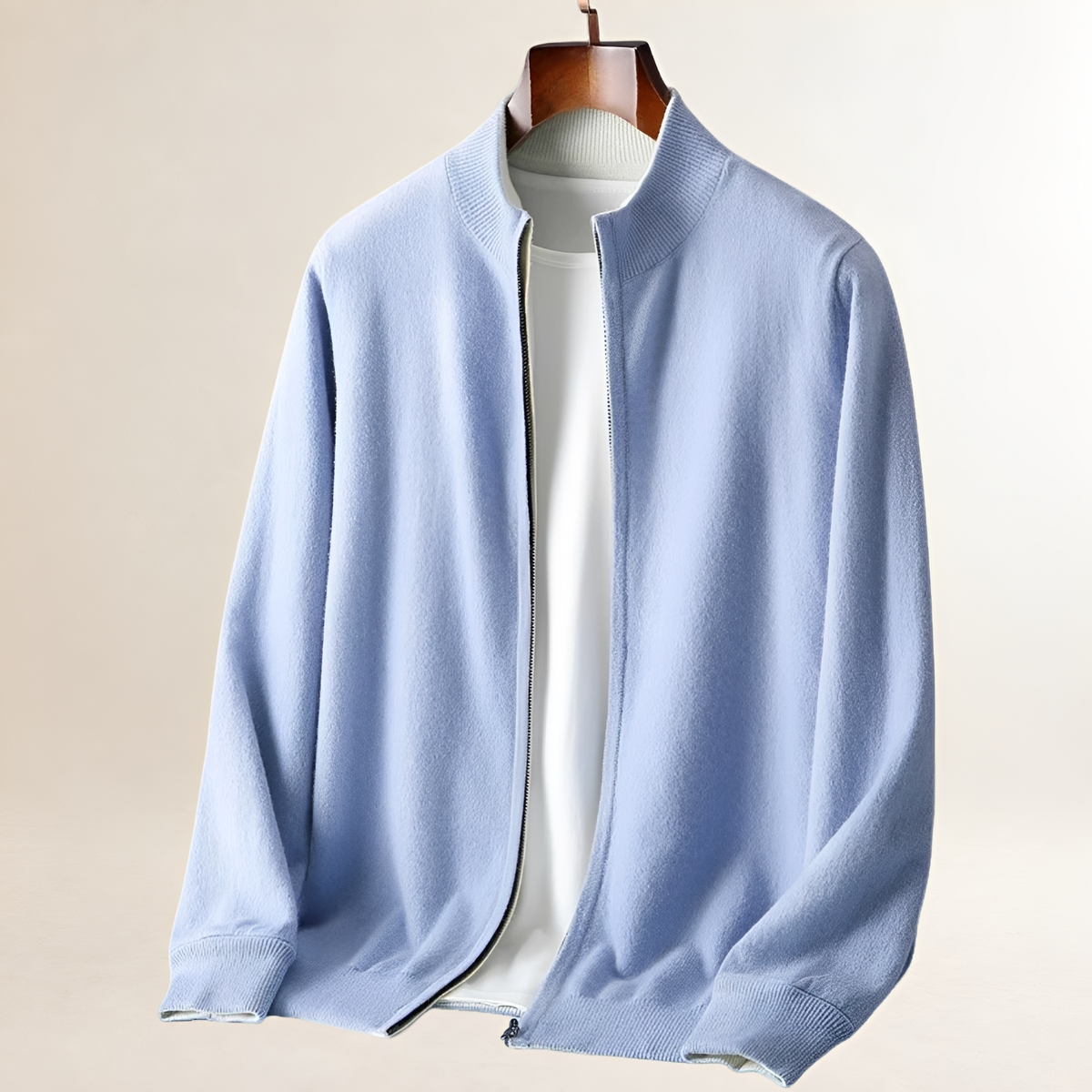 Cardigan para hombre con cremallera frontal completa y cuello alto, manga larga y puños/acanalados