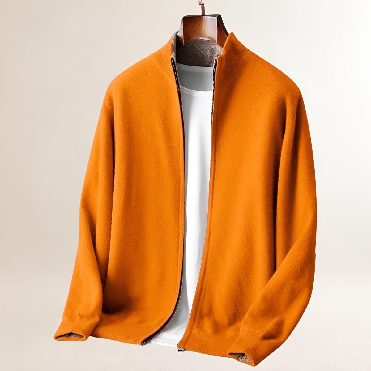 Cardigan para hombre con cremallera frontal completa y cuello alto, manga larga y puños/acanalados
