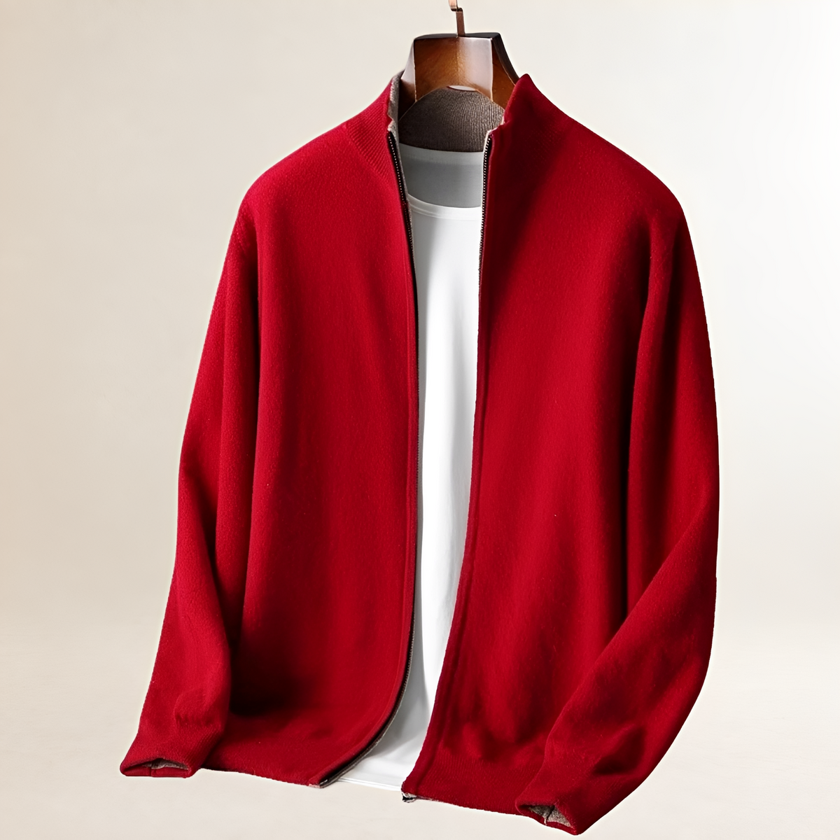 Cardigan para hombre con cremallera frontal completa y cuello alto, manga larga y puños/acanalados