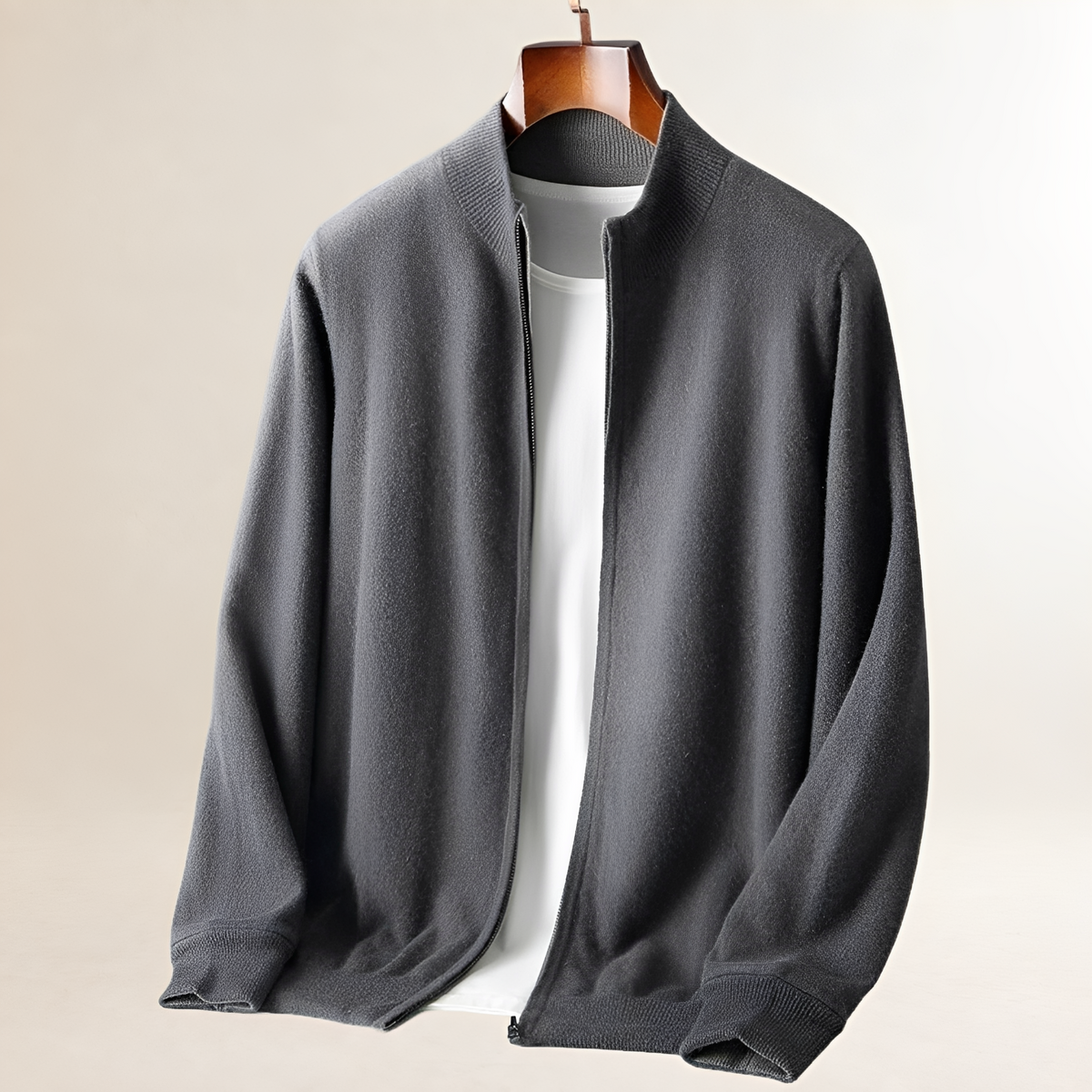 Cardigan para hombre con cremallera frontal completa y cuello alto, manga larga y puños/acanalados