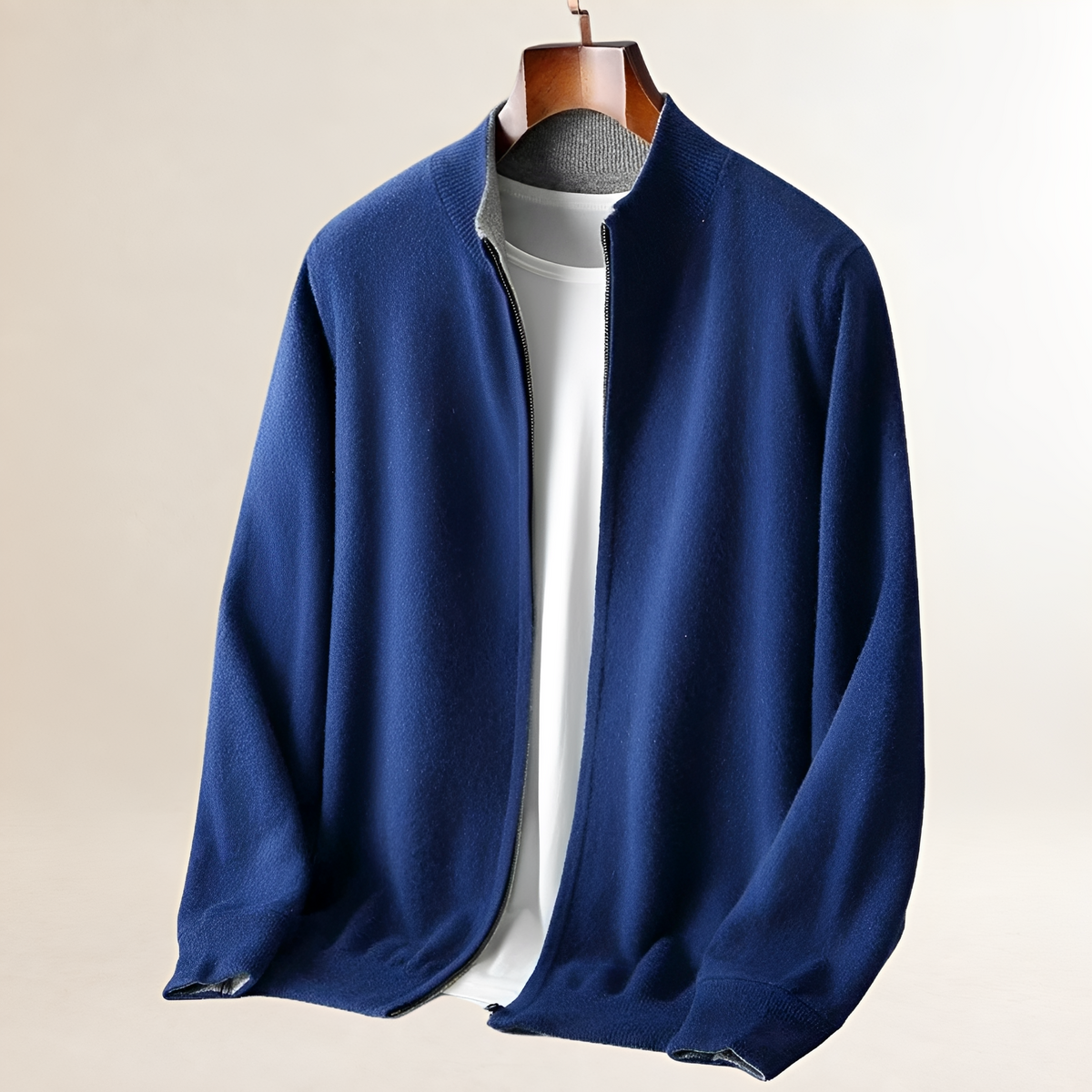Cardigan para hombre con cremallera frontal completa y cuello alto, manga larga y puños/acanalados
