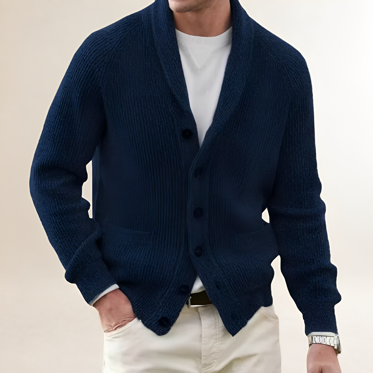 Cardigan para hombre con cuello shawl y botones - bolsillos patch, corte Regular