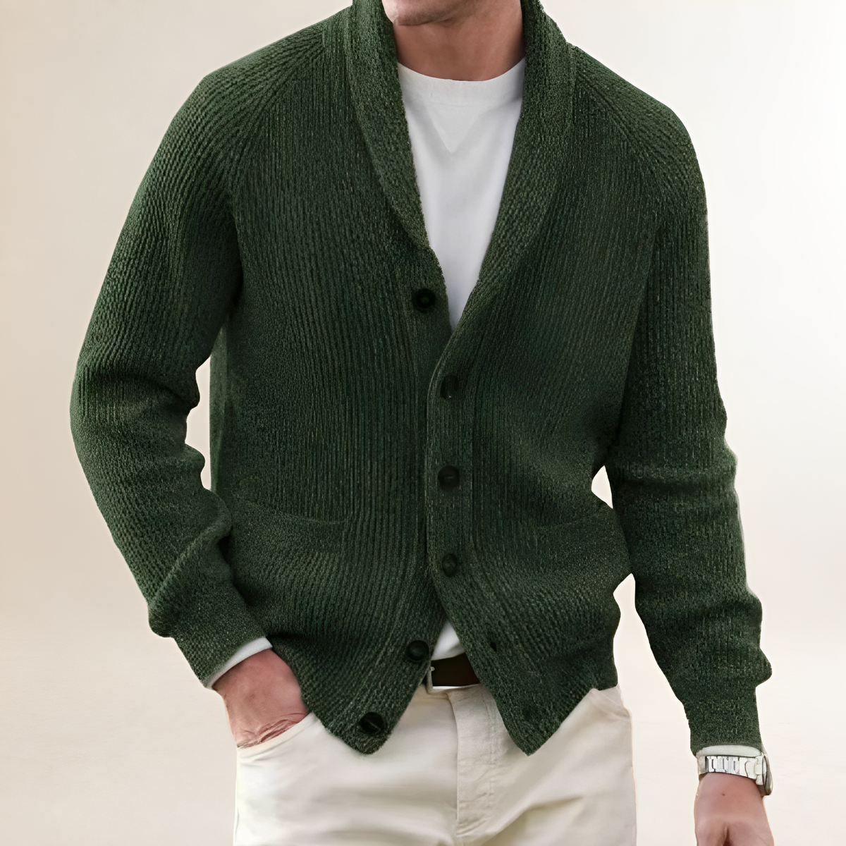 Cardigan para hombre con cuello shawl y botones - bolsillos patch, corte Regular