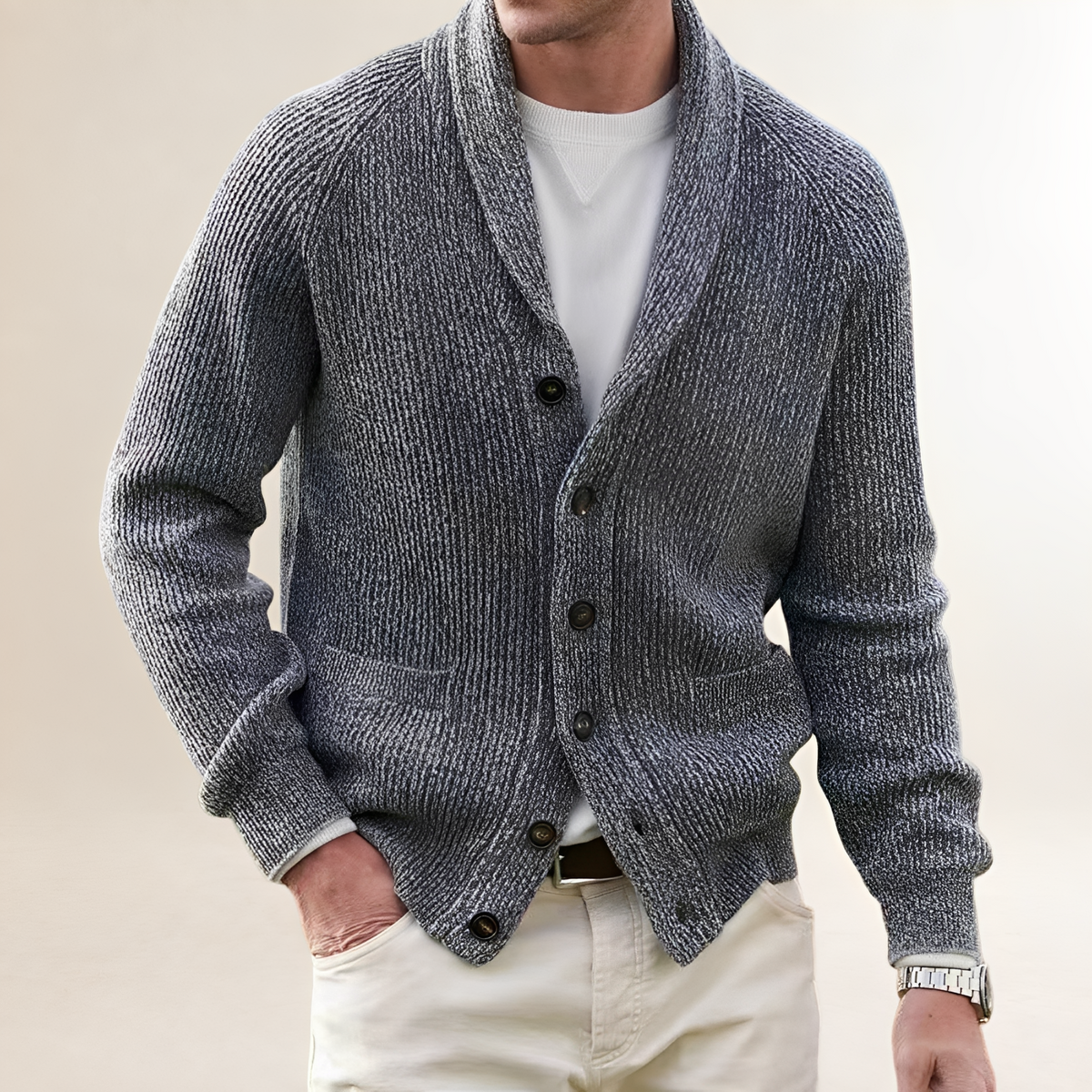 Cardigan para hombre con cuello shawl y botones - bolsillos patch, corte Regular