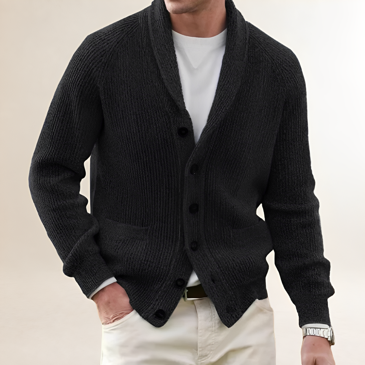 Cardigan para hombre con cuello shawl y botones - bolsillos patch, corte Regular