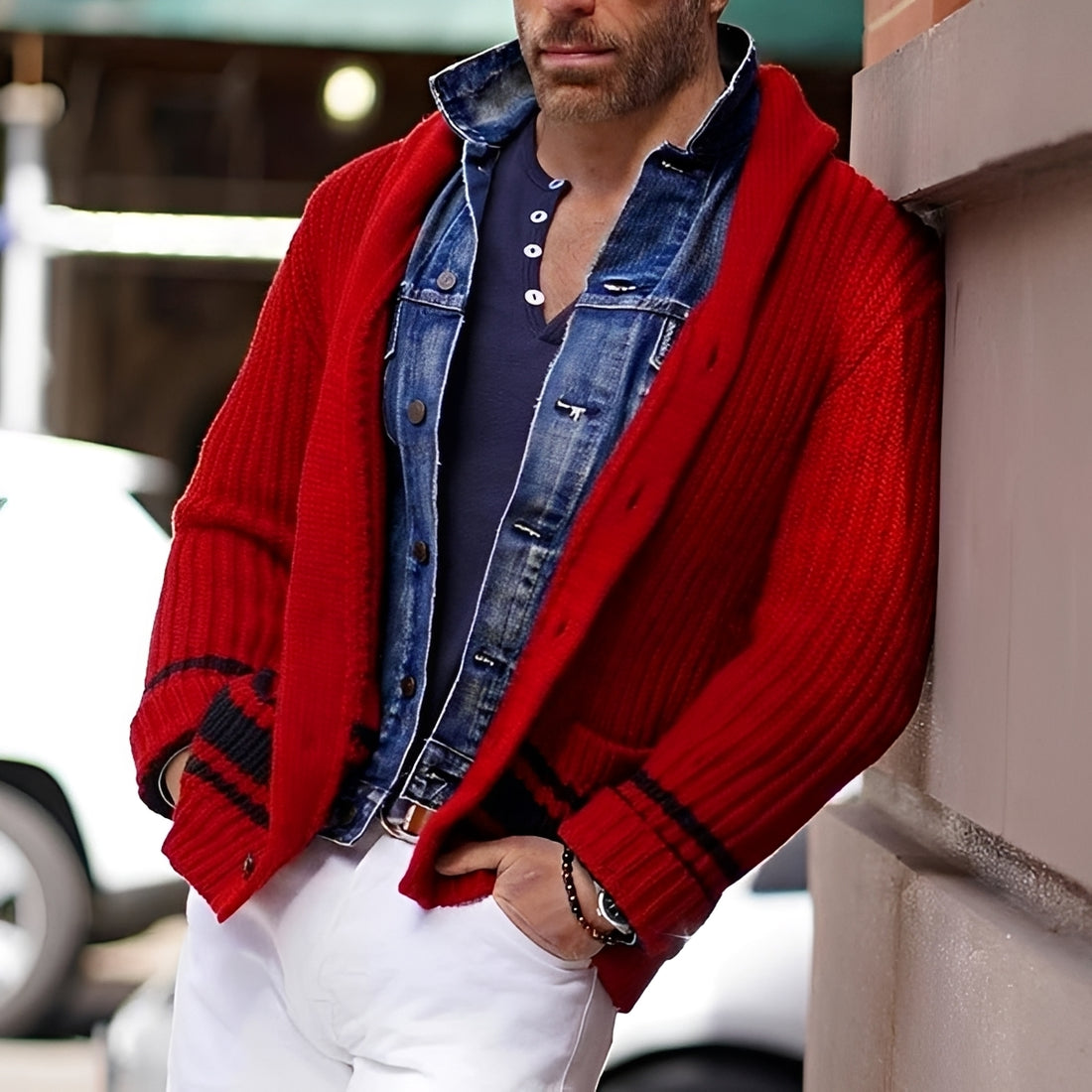 Cardigan para hombre de corte entallado con cuello shawl y cierre de botones
