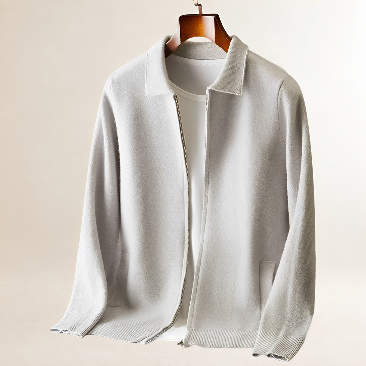 Cardigan para hombres con cremallera completa y cuello tipo camisa, bolsillos frontales duales, dobladillo y puños acanalados